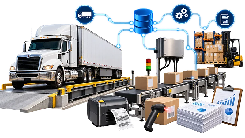 Software personalizado para sistemas de pesaje industrial, con báscula camionera, banda transportadora, control de mercancías, integración de datos y generación de reportes automatizados.